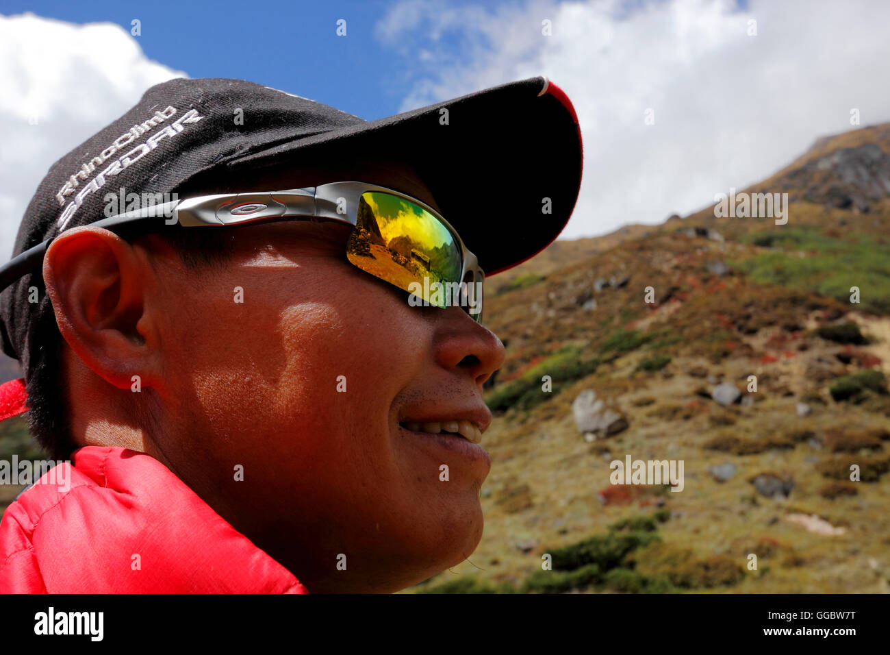Close up of Sherpa guide (Nir) On route to Tangnag - Hinku valley Stock Photo