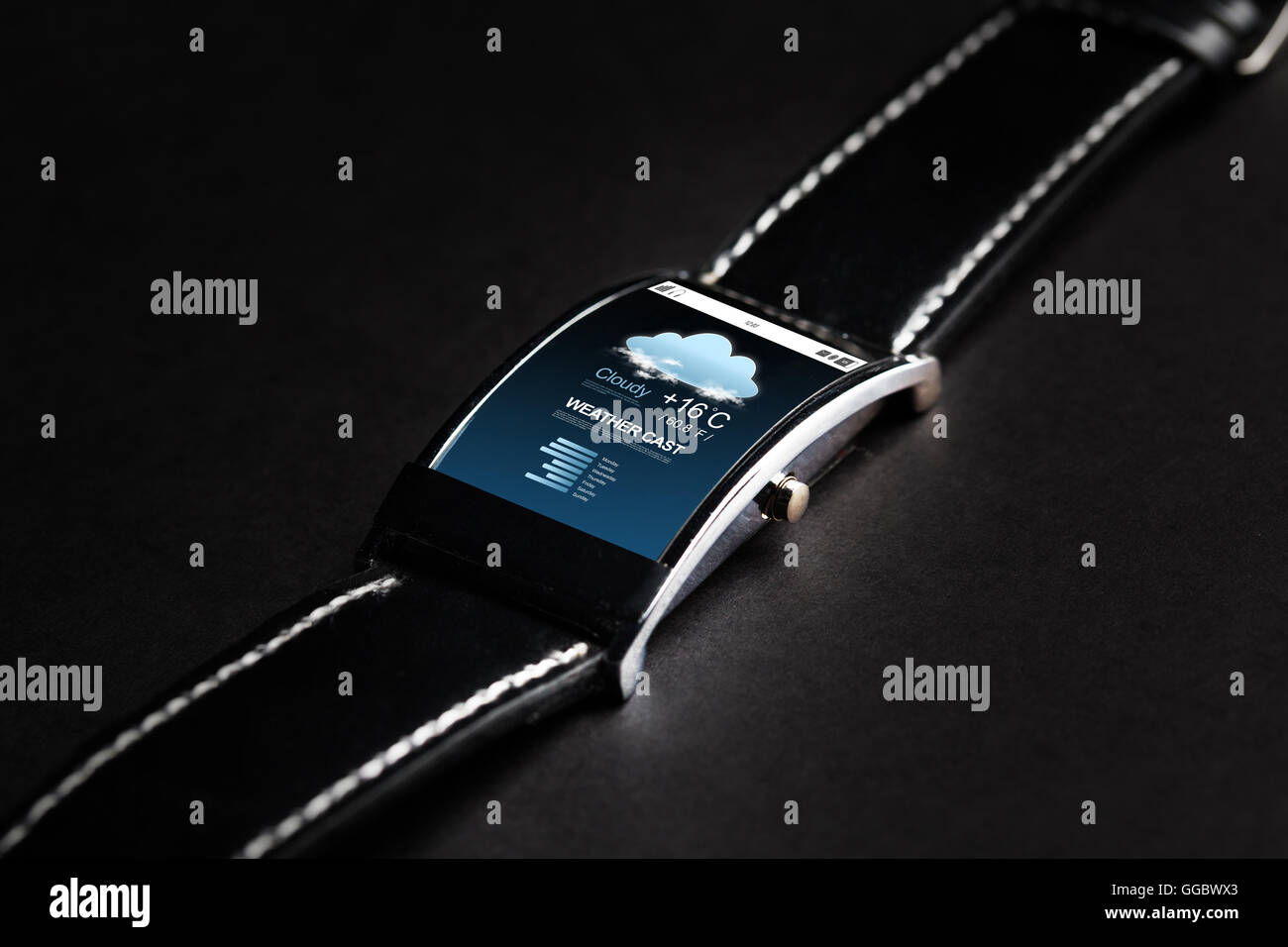 close up of smart watch with weather forecast Stock Photo