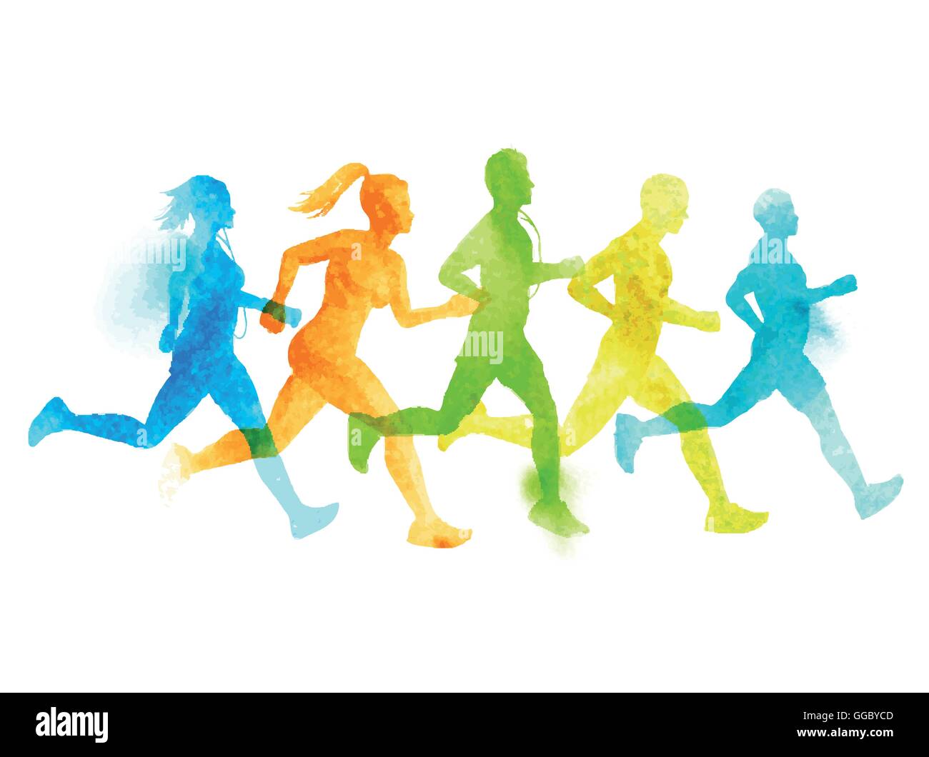 A running group of active people, men and women. Watercolour vector illustration. Stock Vector