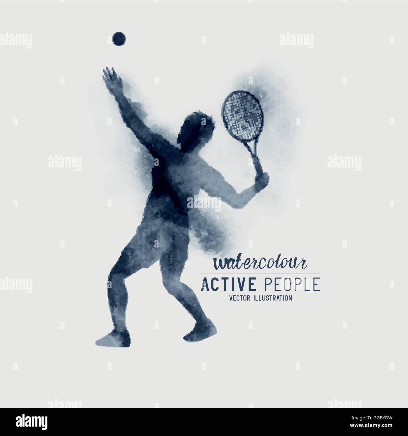 Professional Tennis player about to hit a tennis ball for serve - Watercolour vector illustration. Stock Vector