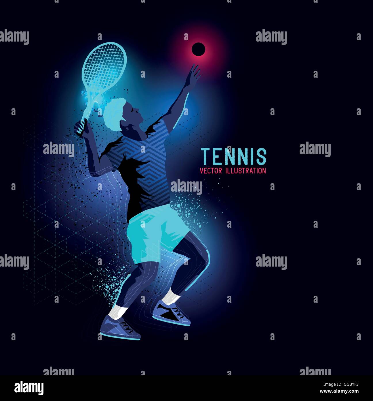 Neon glowing backlit silhouette of professional tennis player about to serve - vector illustration Stock Vector