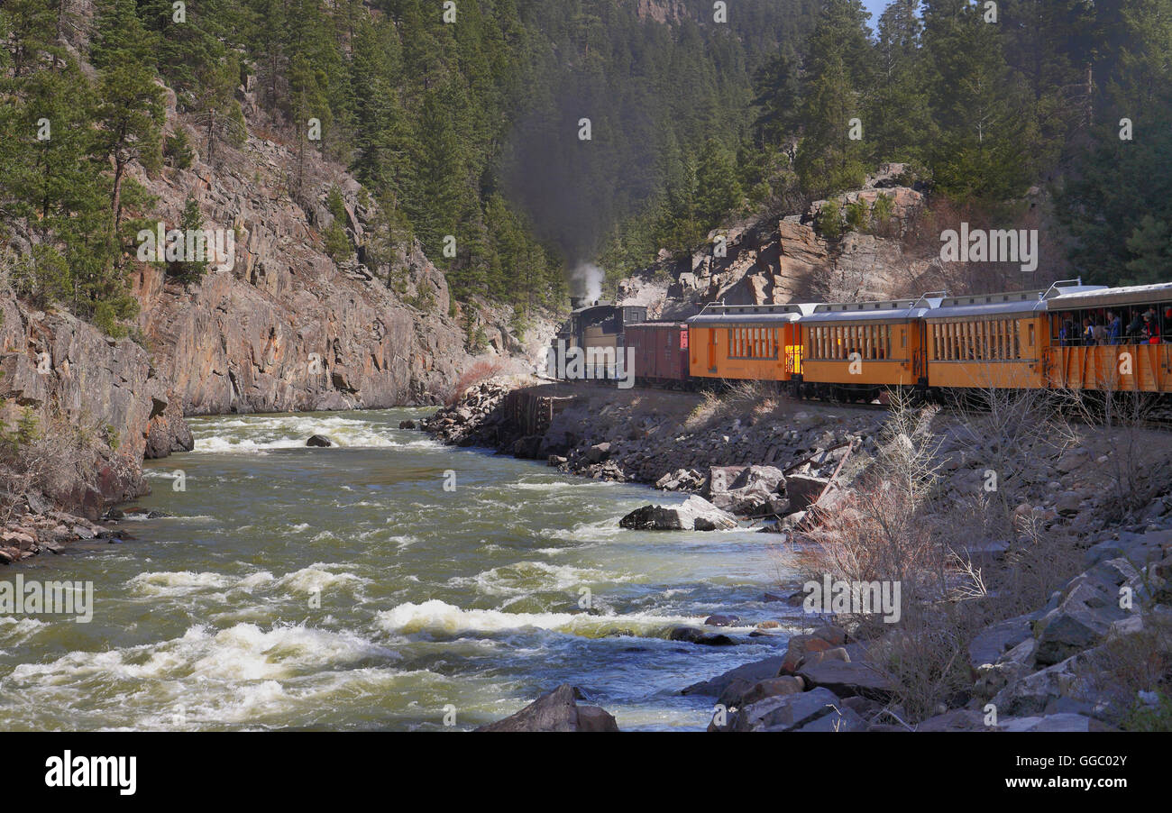 Narrow Gauge Steam Railway running alongside the Animas river in the Colorado Rockies, USA Stock Photo