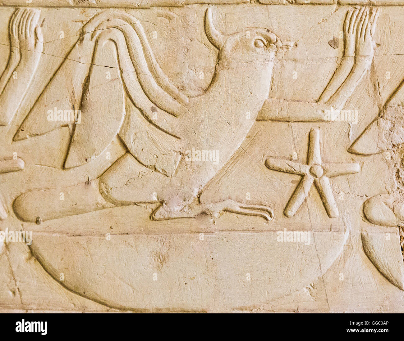 Luxor in Egypt, tomb of Kheruef, a Rekhyt bird, representing the people of Egypt, worshipping the king. Stock Photo