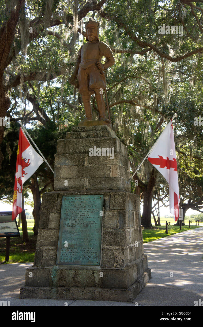 Statue of Ponce de Leon, who discovered and claimed Florida for Spain in 1513, while searching for gold. St. Augustine, FLA. Stock Photo