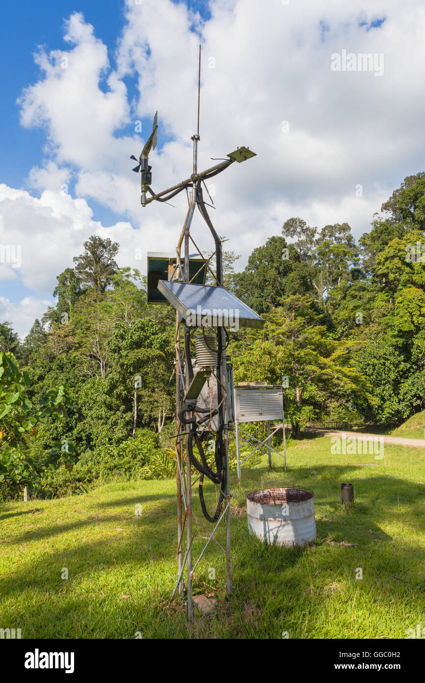 Weather station with testing and measuring instruments, Danum Valley Field Centre, Sabah, Borneo Malaysia Stock Photo
