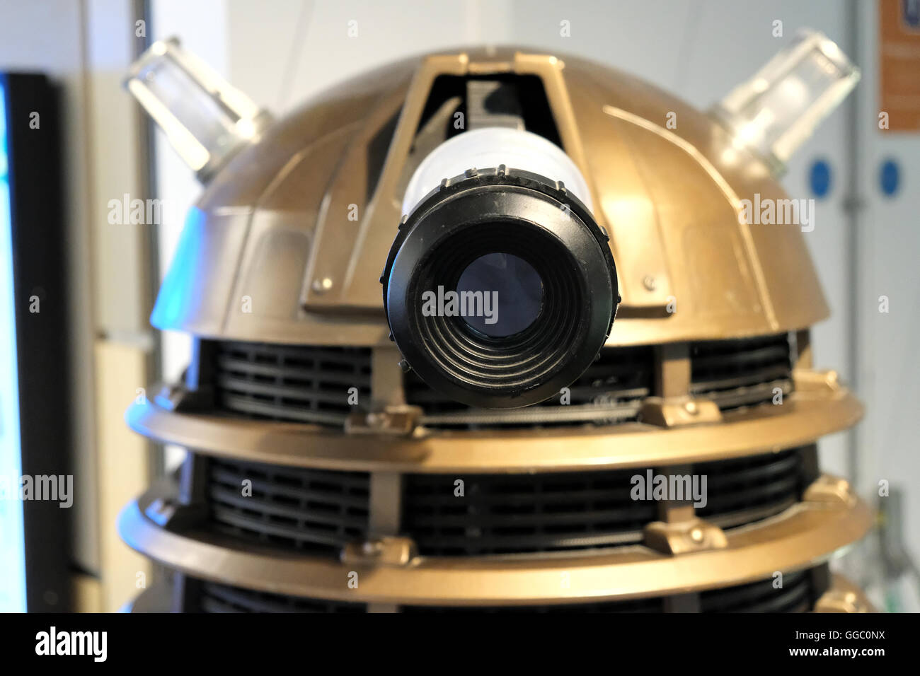A top of a gold Dalek looking staright at the camera Stock Photo