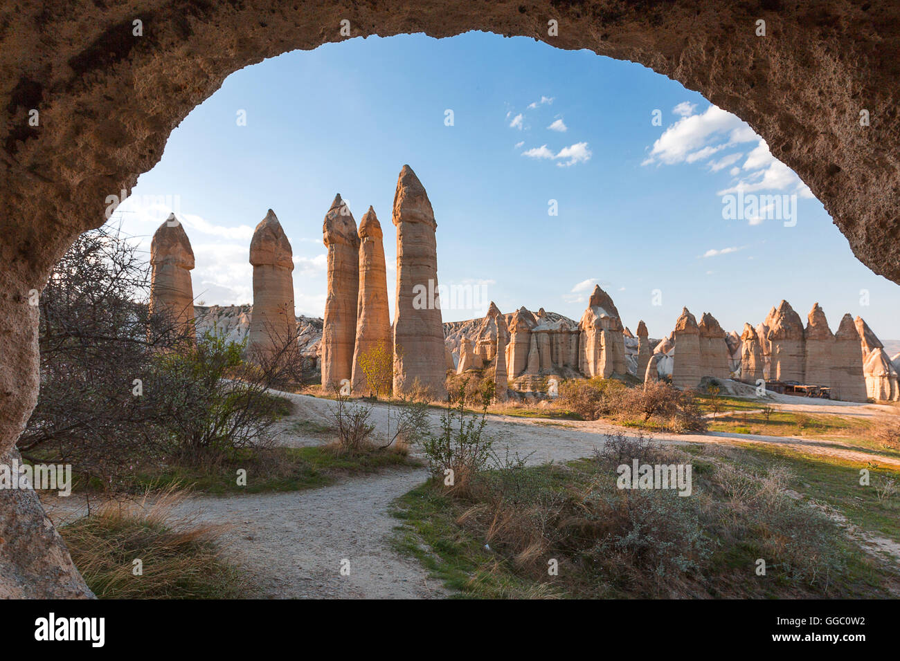 Fairy chimneys in Cappadocia through a cave. Stock Photo