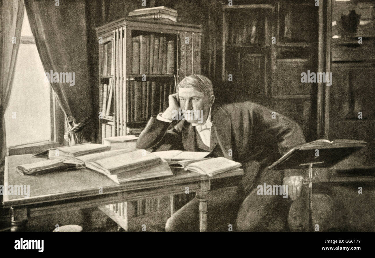 Thomas Alva Edison thinking at his desk Stock Photo