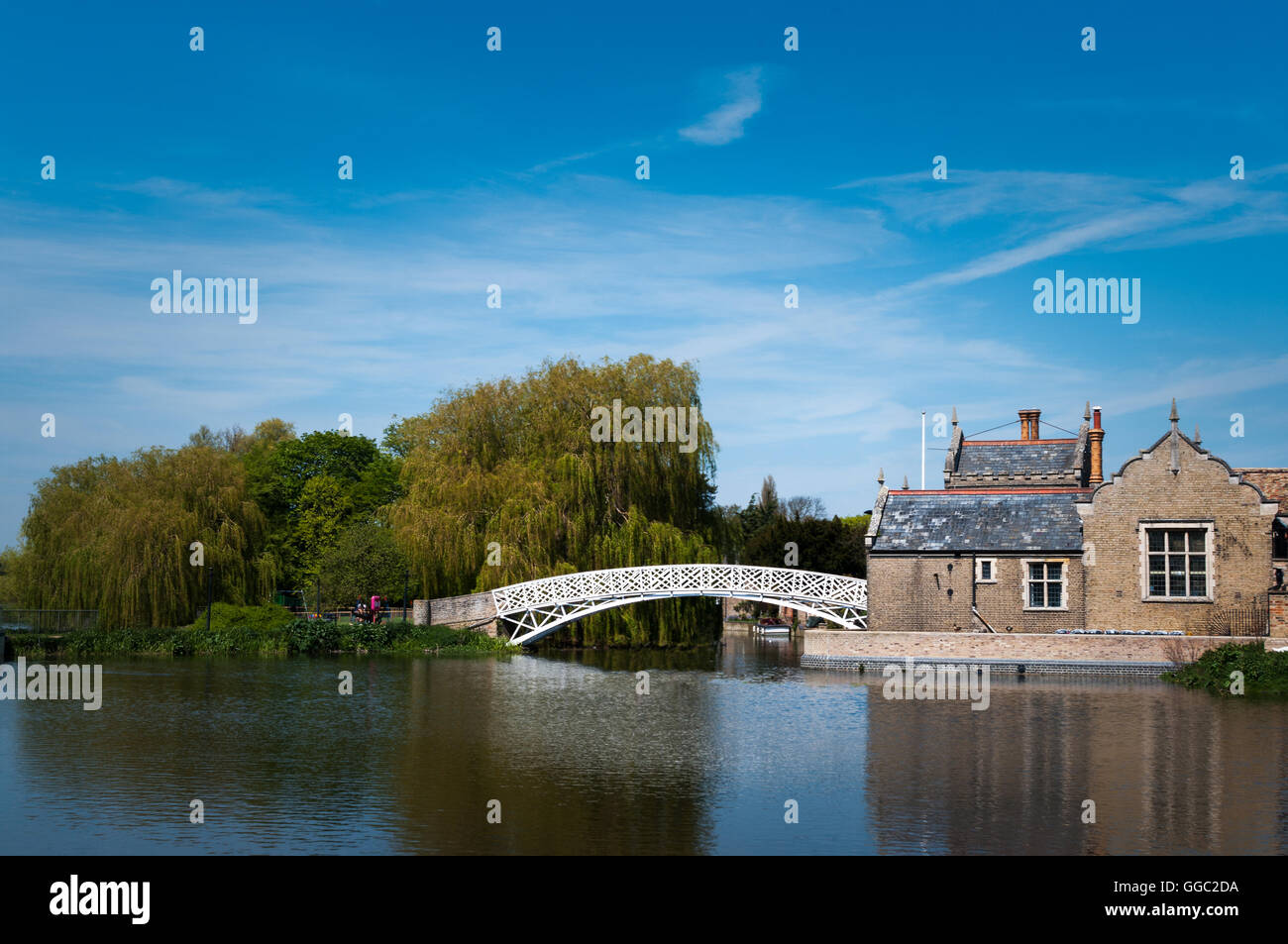 White Chinese Bridge on River Great Ouse spur at Godmanchester in Cambridgeshire. Stock Photo