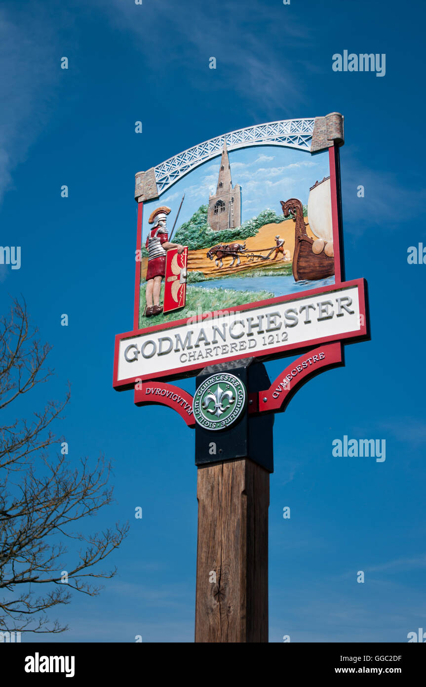 Town sign at Godmanchester in Cambridgeshire. Stock Photo