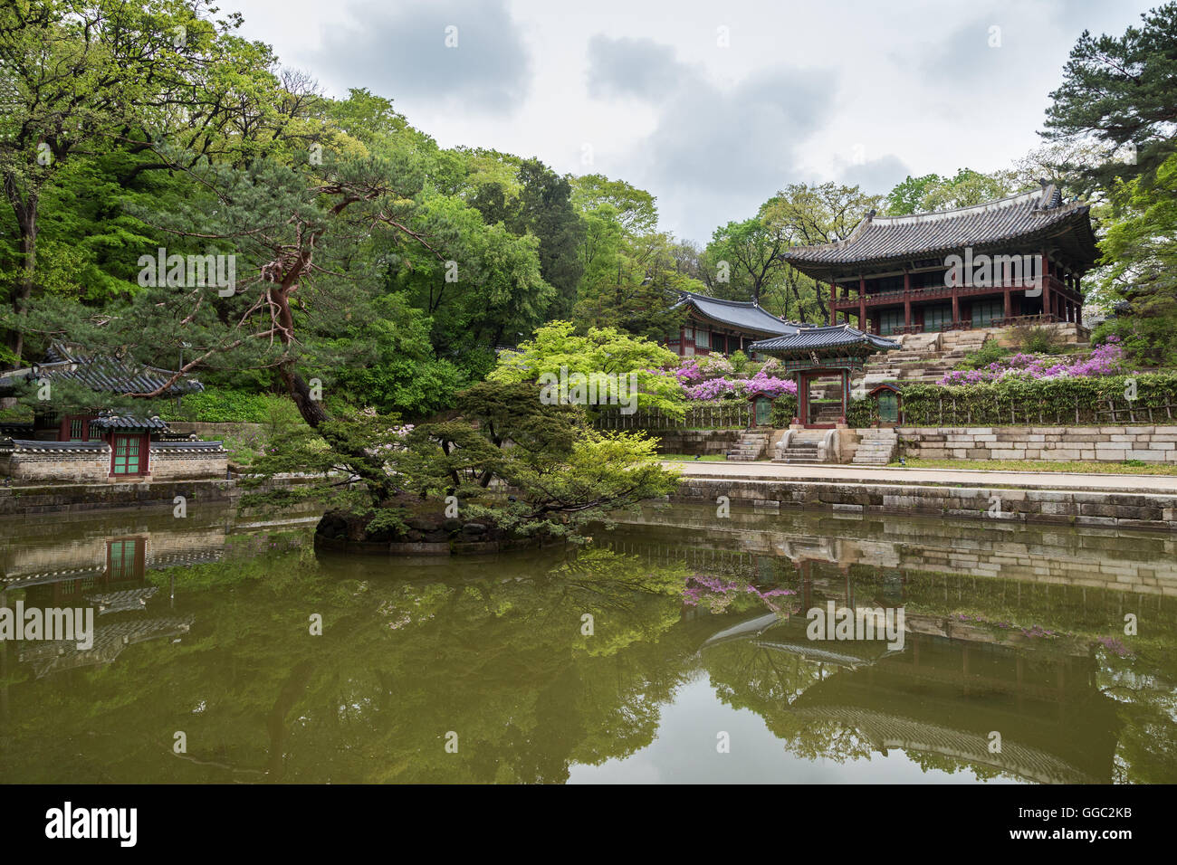Buyongji Pond and Juhamnu Pavilion at Huwon (Secret Garden) at the Changdeokgung Palace in Seoul, South Korea. Stock Photo