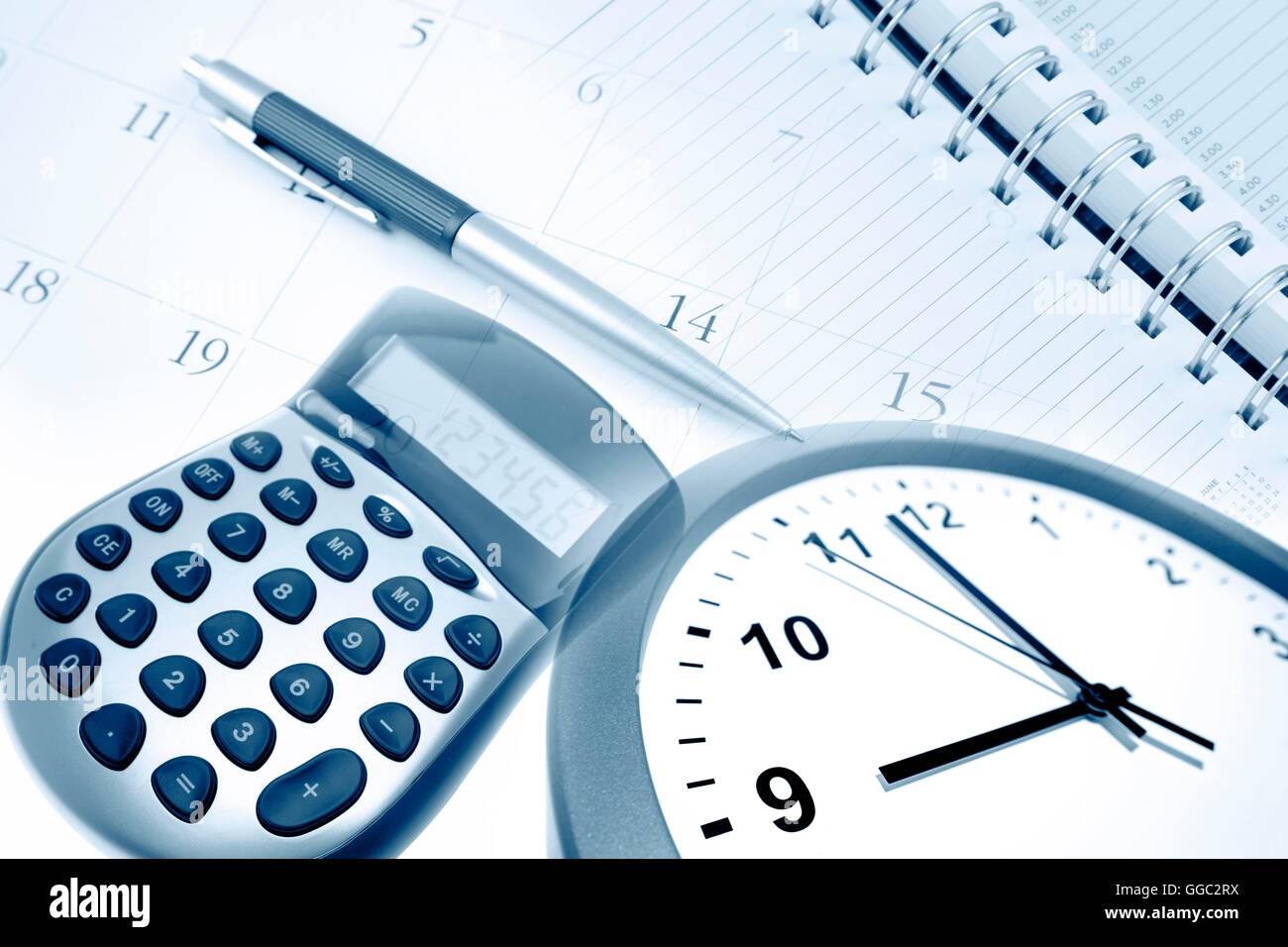 Pen, calendar, calculator, clock and diary Stock Photo