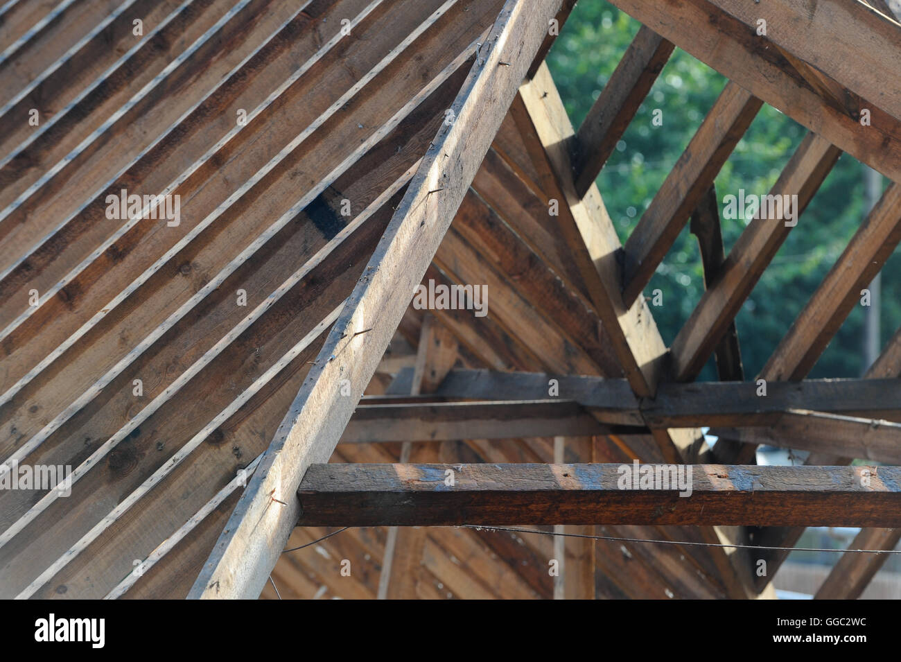 Break in the wet August weather allows for the roofing trades to work on rebuilding roof beams. Stock Photo