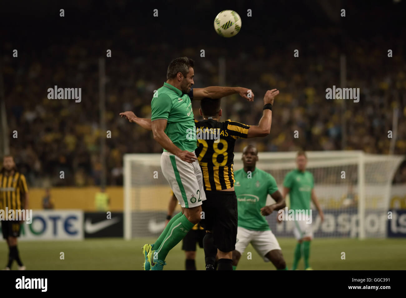 Athens, Greece. 04th Aug, 2016. The goal of Robert Berits in the 22nd minute in OAKA was enough for the french football team Saint-Etienne (green and white appearance) to earn the qualification against the greek football team AEK (yellow and black appearance), despite the fact that the greek team was better in most duration of the game, but encountered a serious problem in the final effort.Final effort. Final score AEK- 0, while Saint Etienne got 1. © Dimitrios Karvountzis/Pacific Press/Alamy Live News Stock Photo