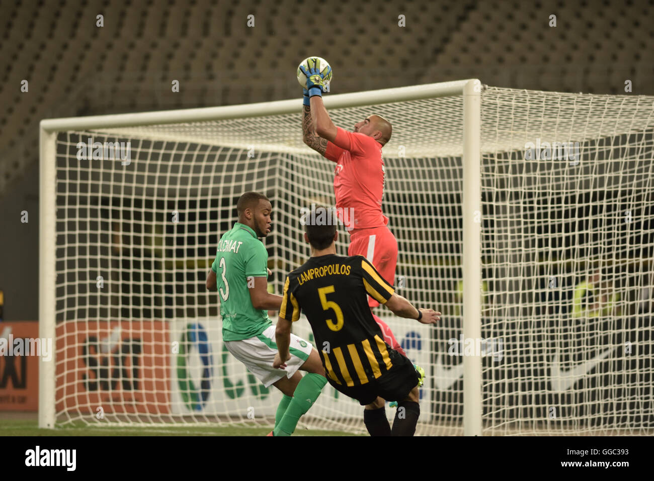 Athens, Greece. 04th Aug, 2016. Ruffler Stephane (no 16), goalkeeper of Saint-Etienne catch the ball. The goal of Robert Berits in the 22nd minute in OAKA was enough for the french football team Saint-Etienne (green and white appearance) to earn the qualification against the greek football team AEK (yellow and black appearance), despite the fact that the greek team was better in most duration of the game, but encountered a serious problem in the final effort. Final score AEK- 0, while Saint Etienne got 1. © Dimitrios Karvountzis/Pacific Press/Alamy Live News Stock Photo