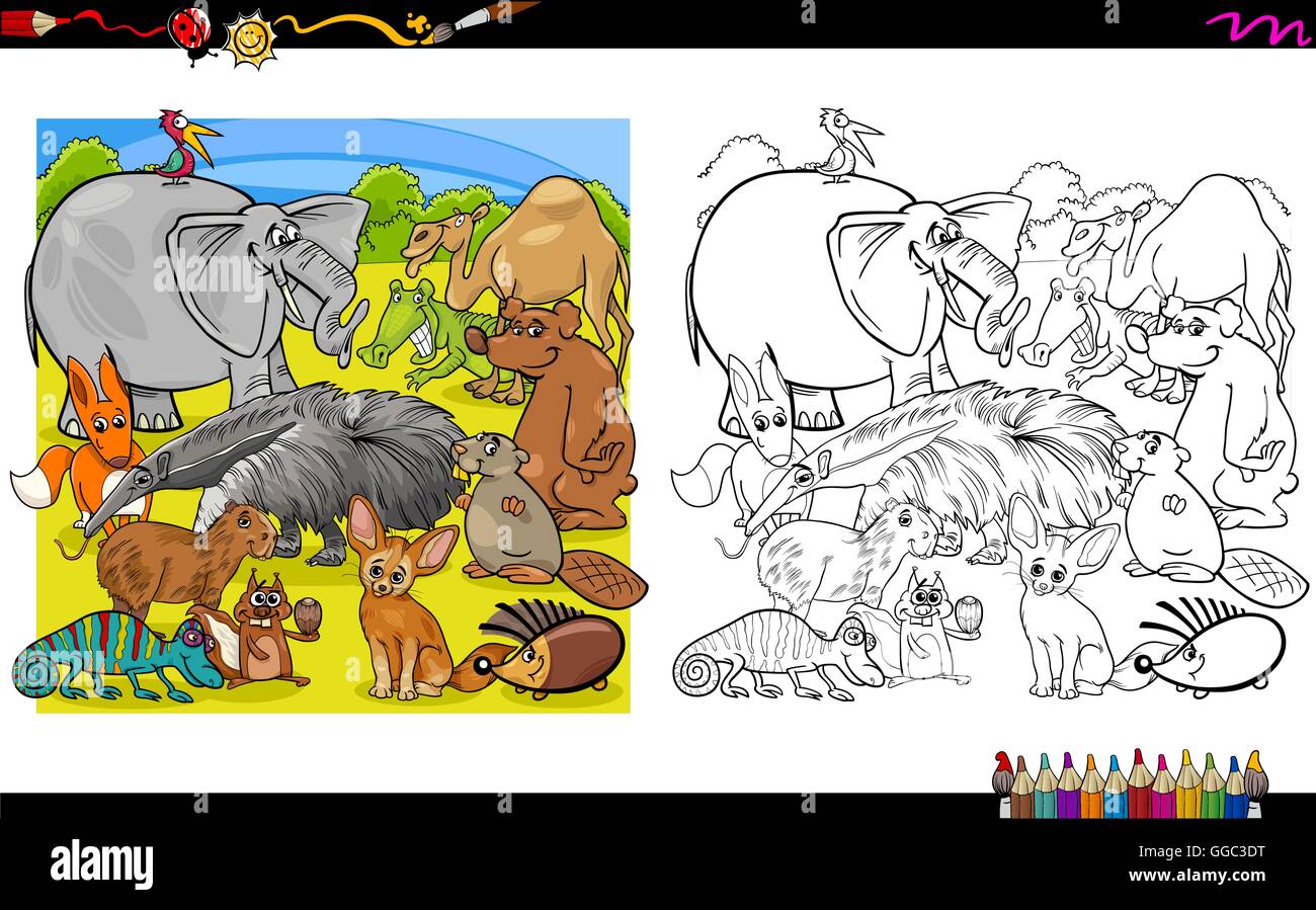 Black and White Cartoon Illustration of Wild Animal Characters Group ...