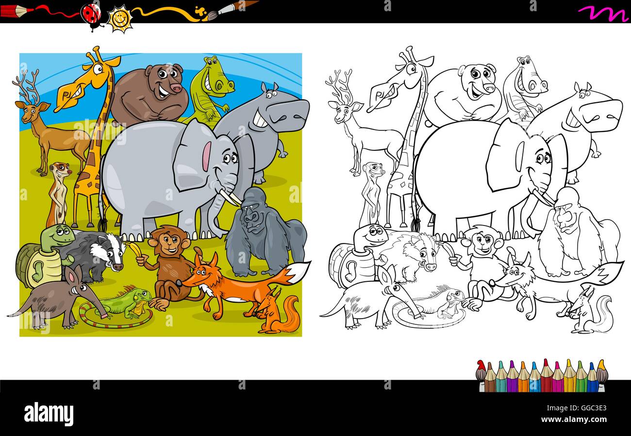 Black and White Cartoon Illustration of Wild Animal Characters Coloring ...