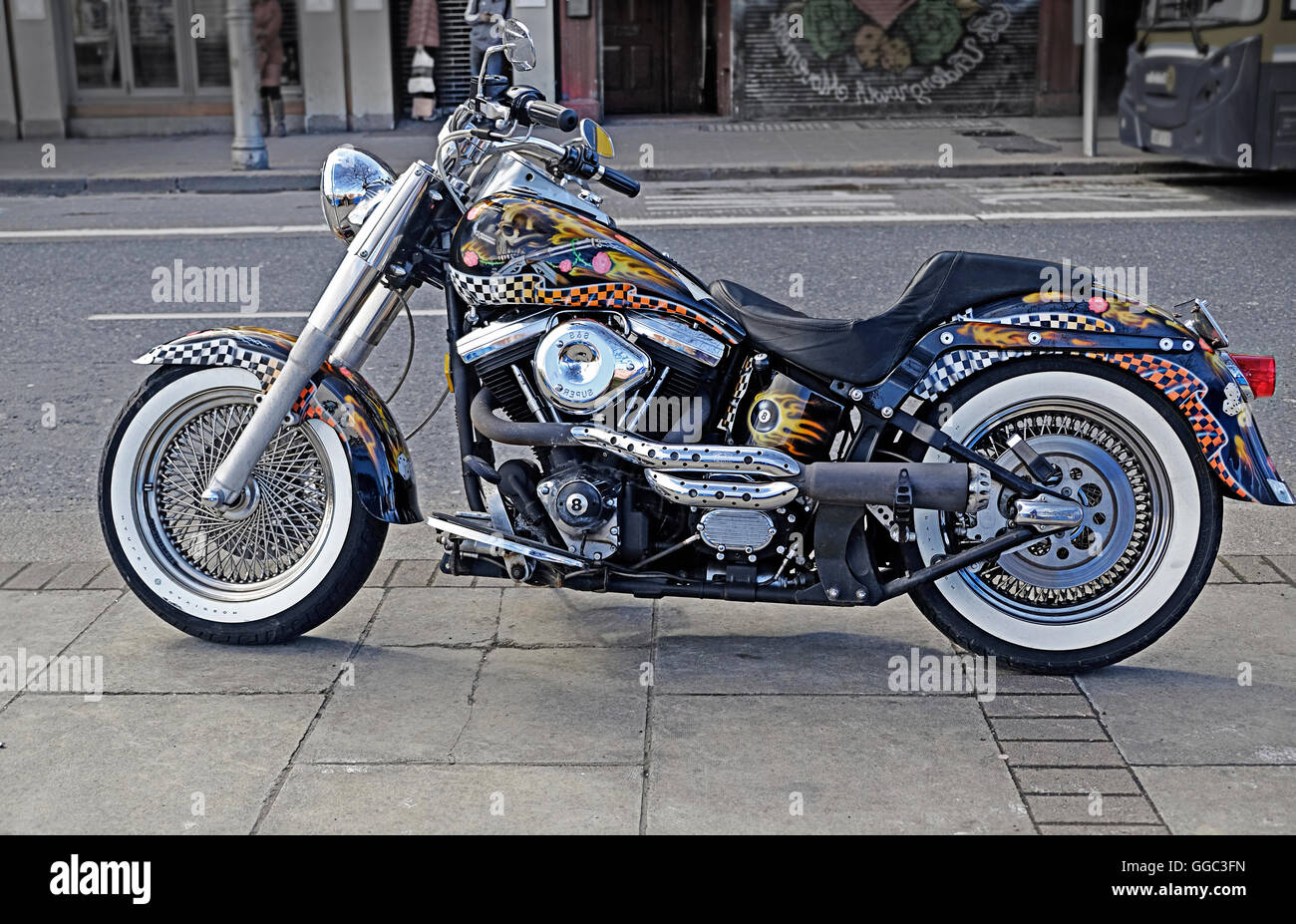 A highly customized Harley Davidson Motorcycle parked on a Dublin street, Stock Photo