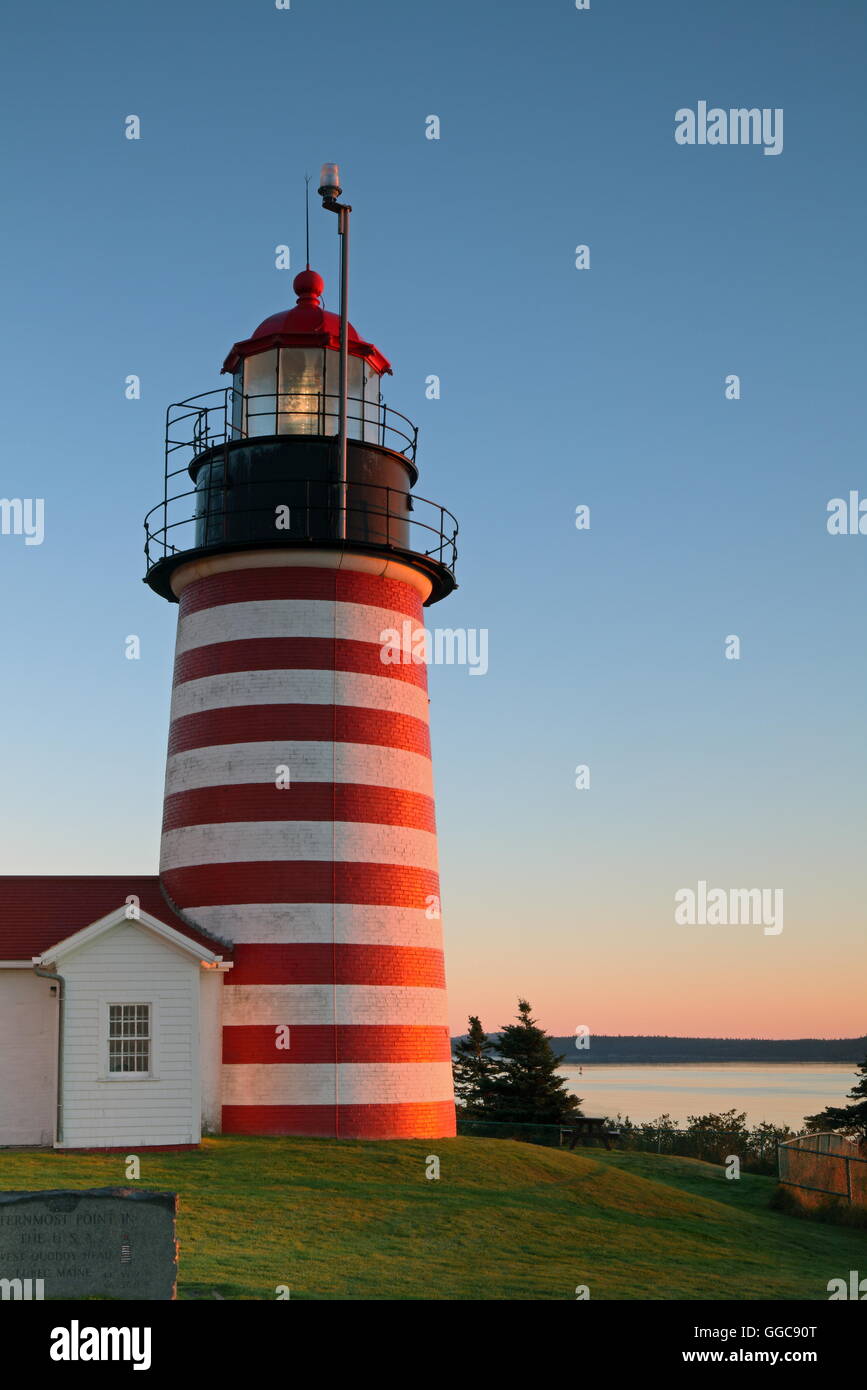 geography / travel, USA, Maine, Lubec, West Quoddy Light (1808) near sunrise, Lubec, Additional-Rights-Clearance-Info-Not-Available Stock Photo