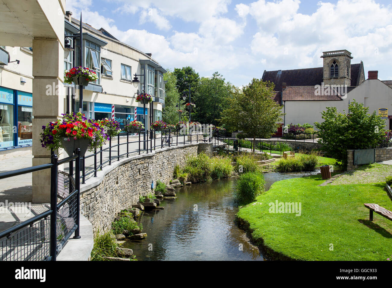 River Marden flowing through redeveloped town centre in Calne Wiltshire