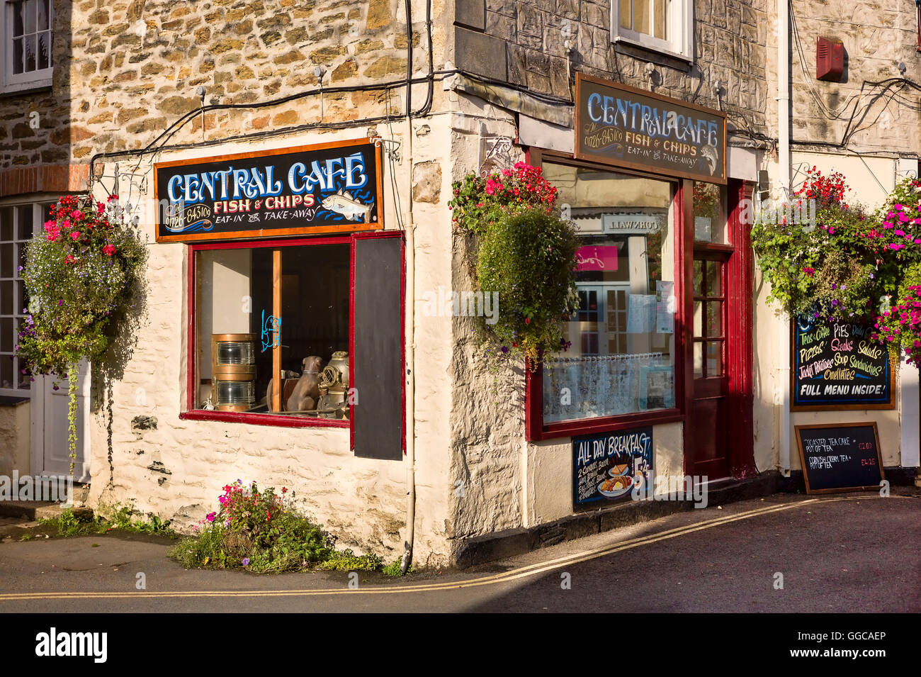 Central Cafe fish and chips shop in Mevagissey village in Cornwall England UK Stock Photo