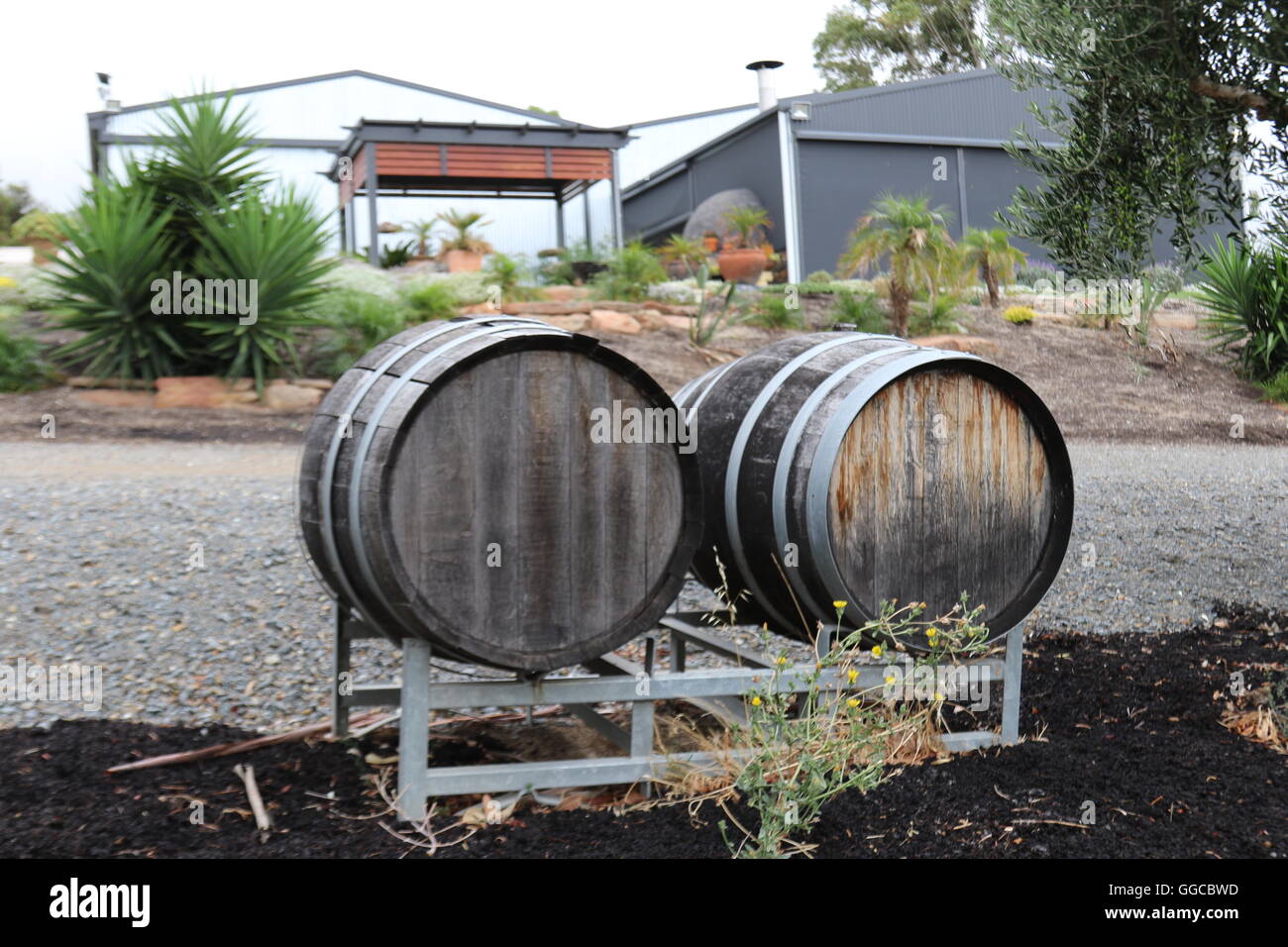 two barrels on a frame at Danshi Rise WInes, McLaren Vale, Australia