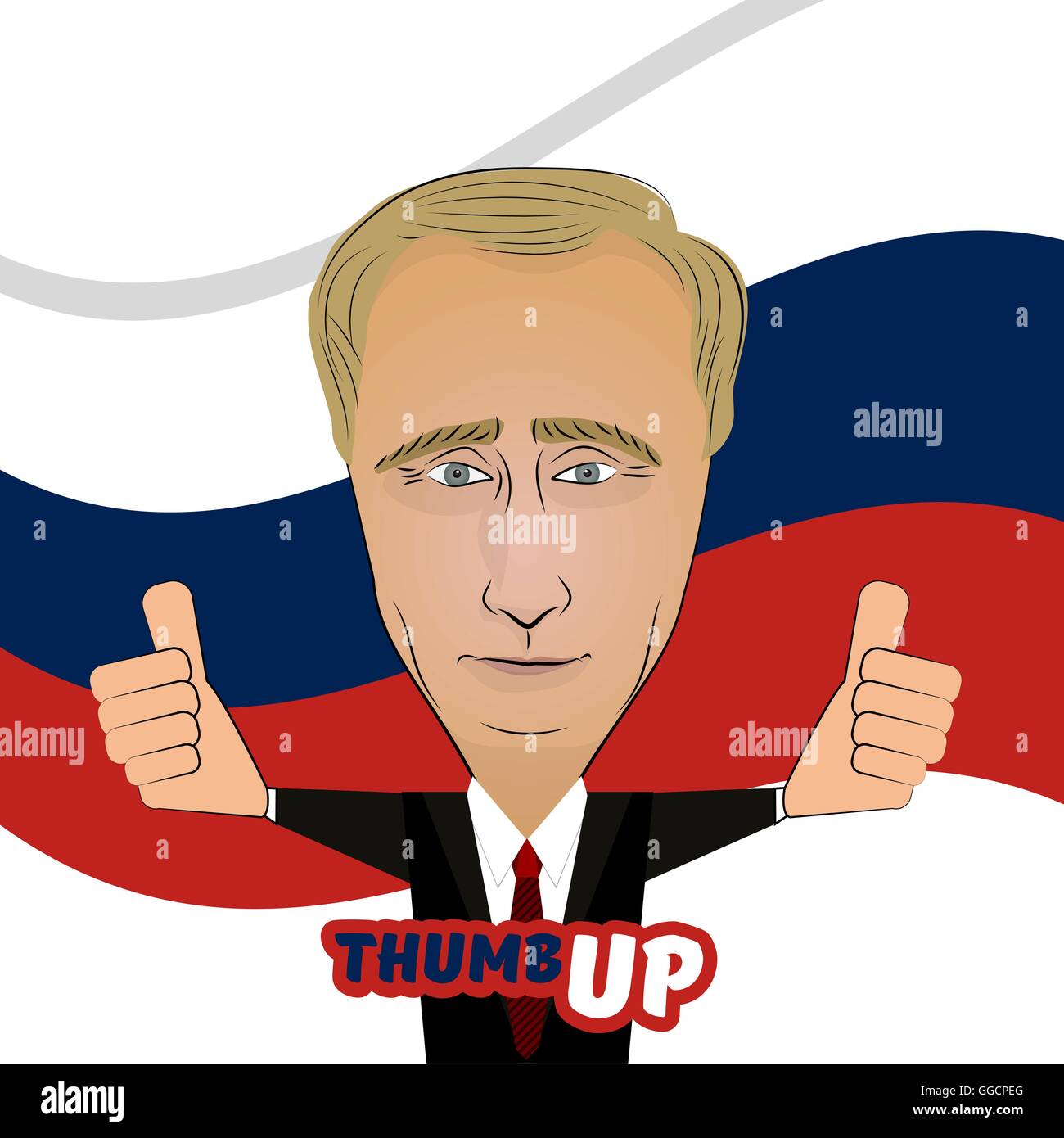 August 4, 2016: Russian President Vladimir Putin, positive animated cartoon. Portrait on the background of Russian flag hand thumb up. Stock Vector