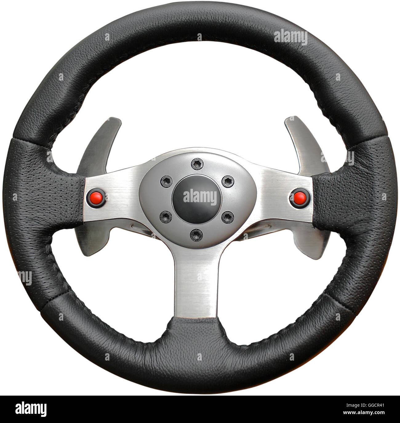 leather steering wheel play on a white background Stock Photo Alamy
