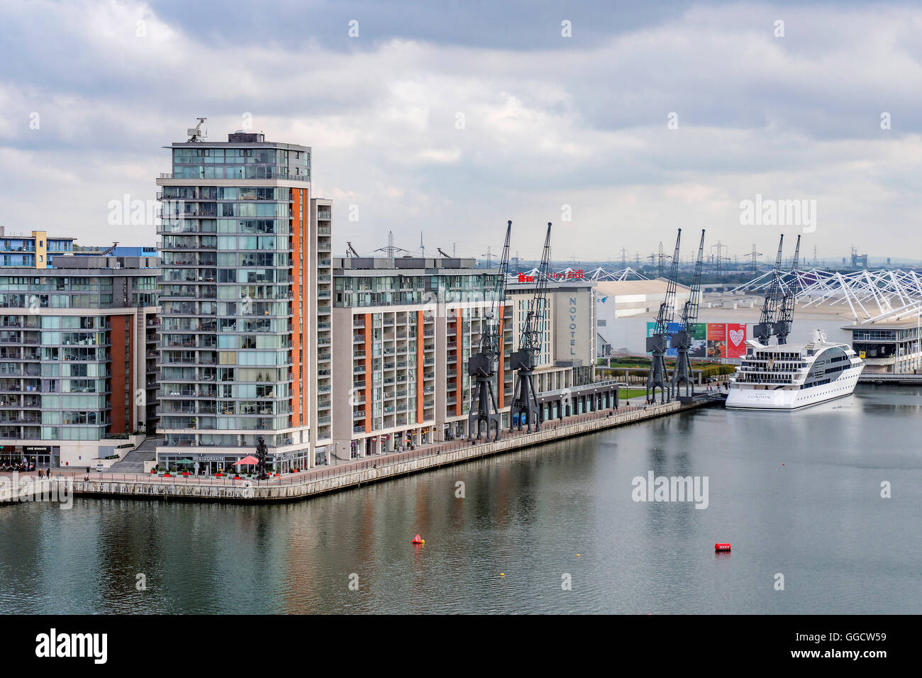 The Emirates Airline cable car in London provides great views of the docklands area of London. Stock Photo