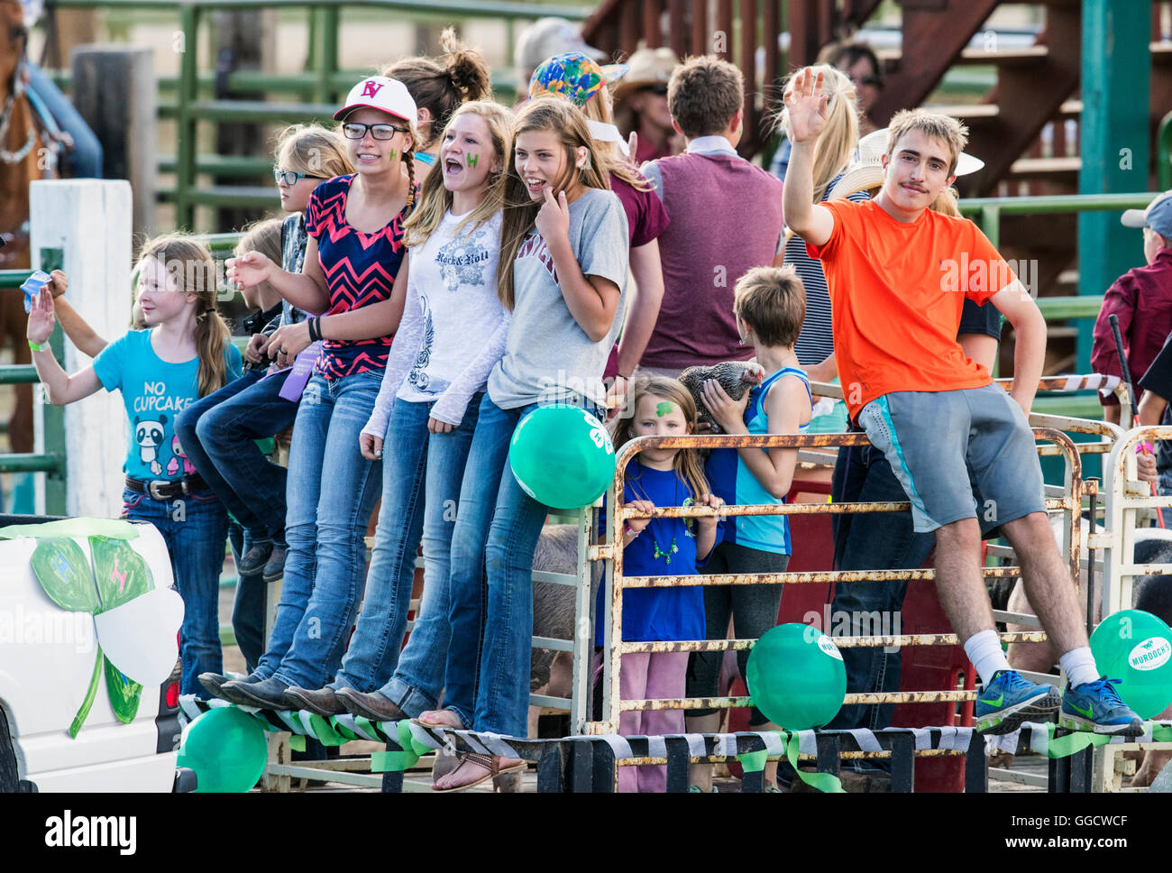 4-H children riding in grand opening parade; Chaffee County Fair & Rodeo, Salida, Colorado, USA Stock Photo