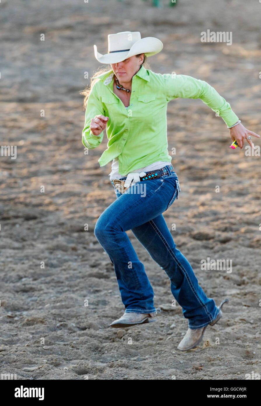 Cowgirl running in team roping & branding competition; Chaffee County Fair & Rodeo, Salida, Colorado, USA Stock Photo
