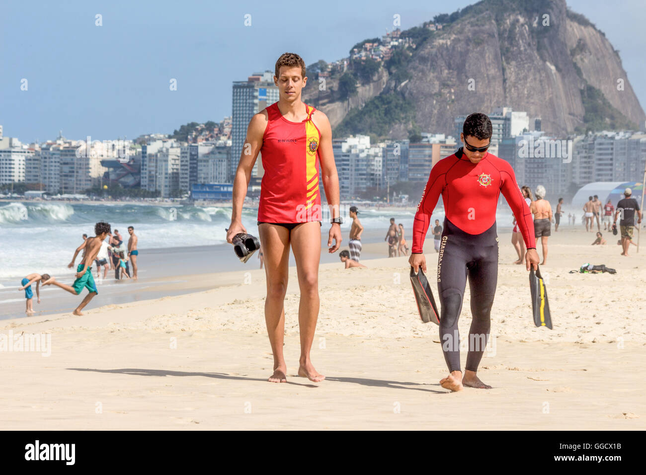 Brazil, Rio de Janeiro, Lifeguards on Copacabana Beach Stock Photo