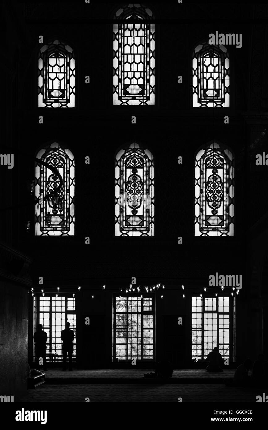 Stained glass windows seen from inside of the Blue Mosque in Istanbul Stock Photo