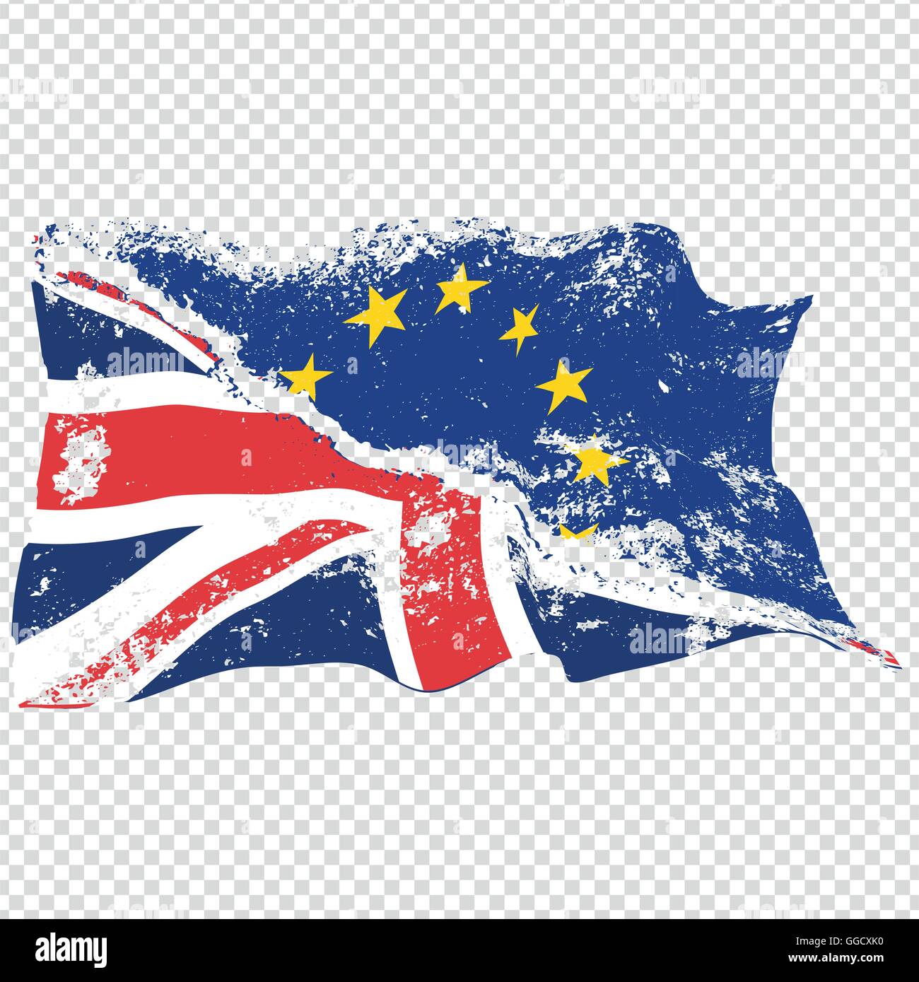 Two torn waving EU and UK flags. Brexit concept. Vector. Stock Vector