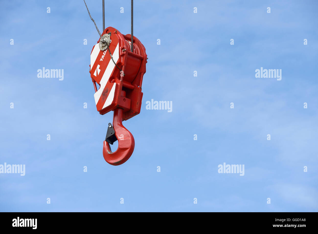 Close up of a hook on a heavy duty industrial crane Stock Photo