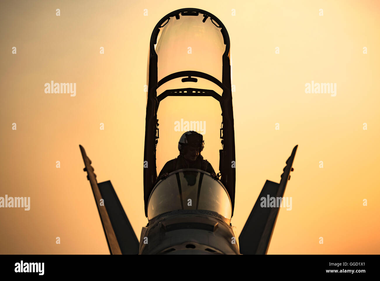 A U.S Navy pilot climbs into the cockpit of an F/A-18F Super Hornet fighter aircraft on the flight deck of the aircraft carrier USS Dwight D. Eisenhower during operations July 31, 2016 in the Arabian Sea. The flight sorties are in support of Operation Inherent Resolve against Islamic State targets in Iraq and Syria. Stock Photo