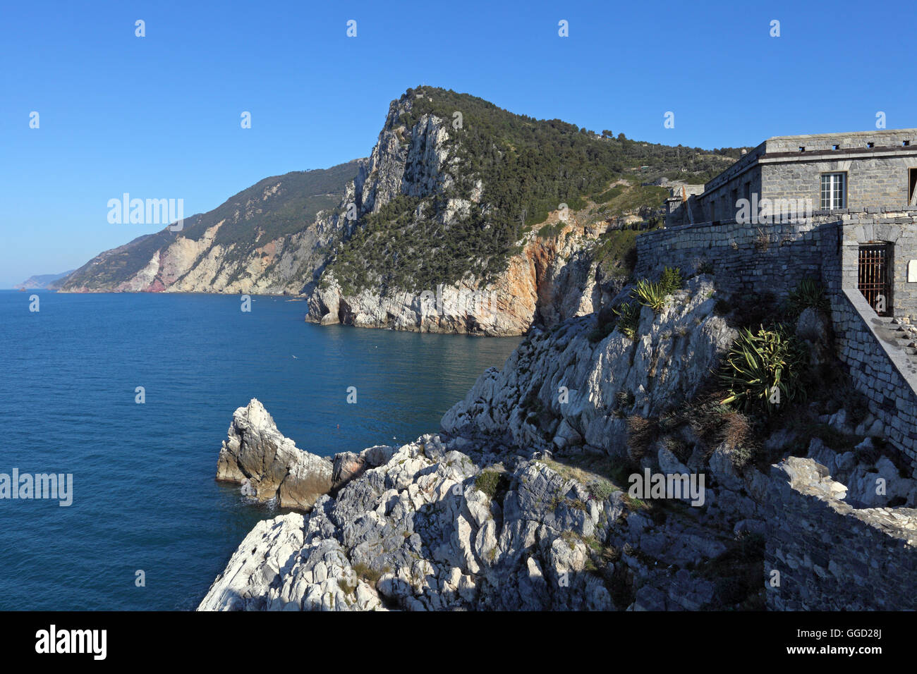 geography / travel, bay with Lord Byron's Grotto, Porto Venere, La Spezia province, Liguria, Italy, Additional-Rights-Clearance-Info-Not-Available Stock Photo