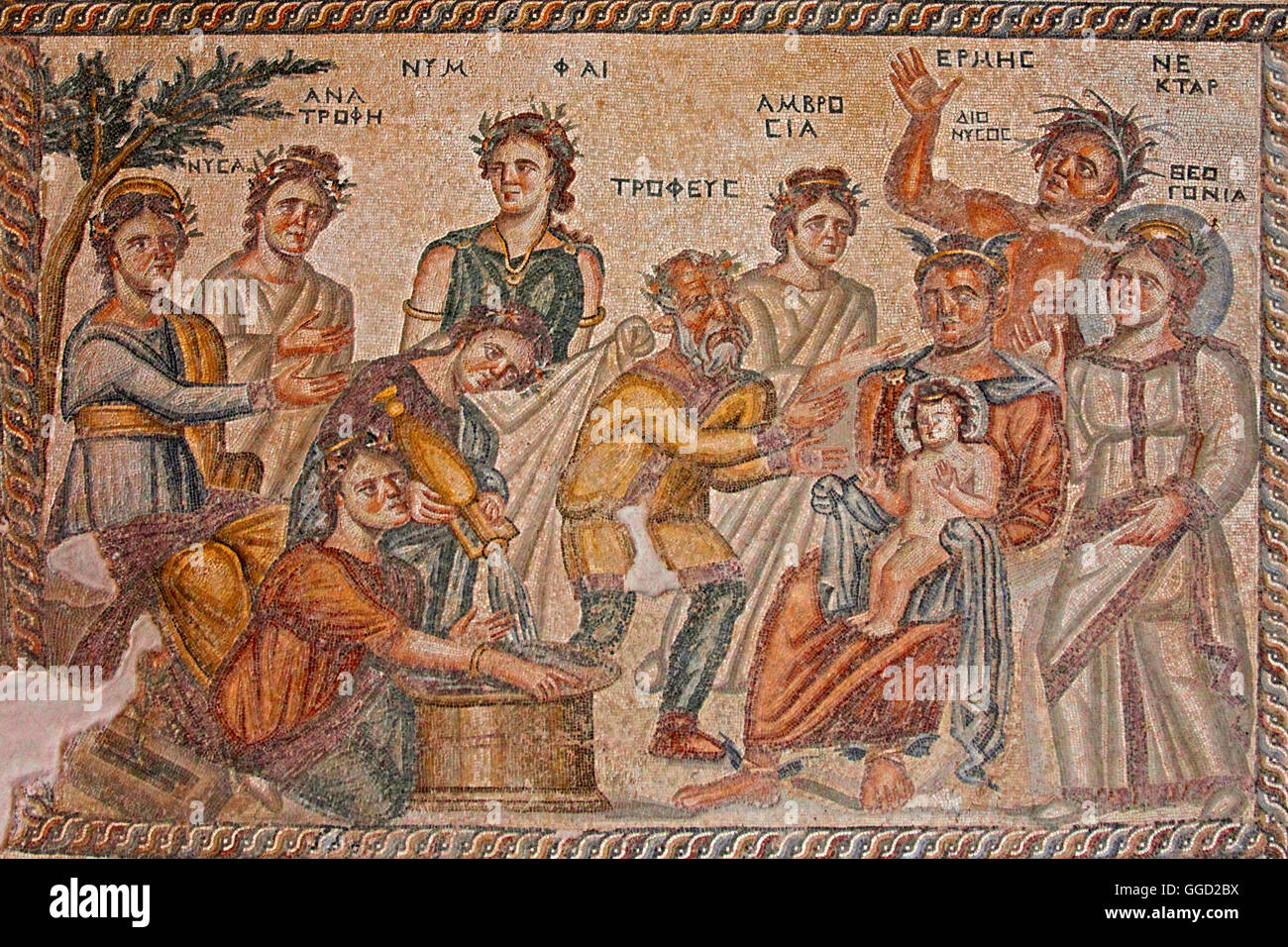 geography / travel, Cyprus, Paphos, excavation, House of Aion, detail of the tessellated floor in the entrance hall, Hermes consigning the young Dionysus to Tropheus, Additional-Rights-Clearance-Info-Not-Available Stock Photo