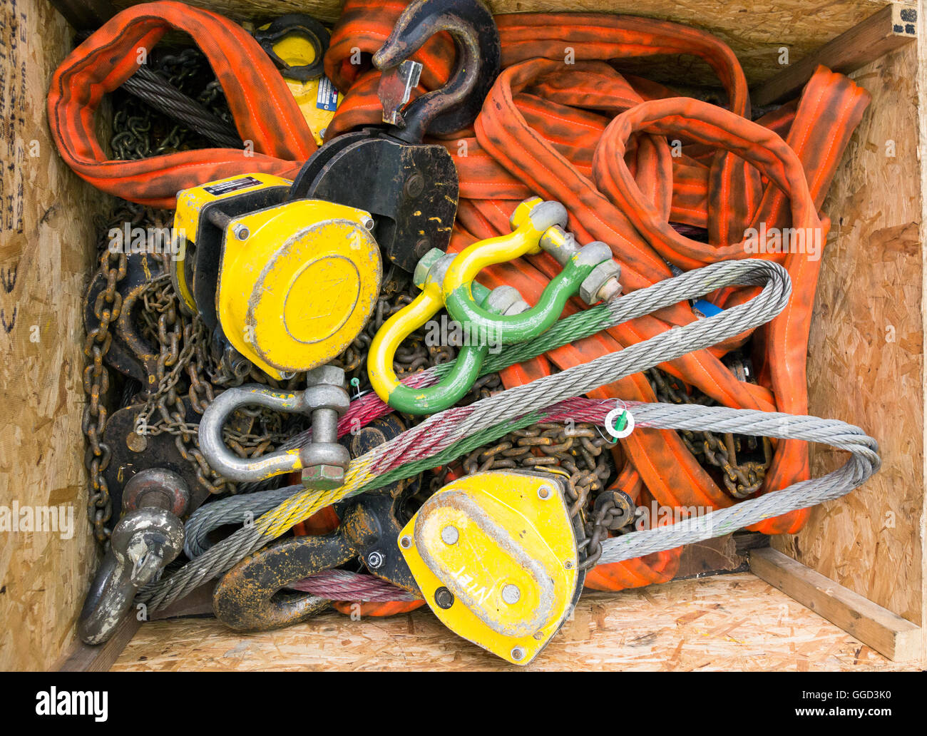 Pulleys and cables in a box Stock Photo