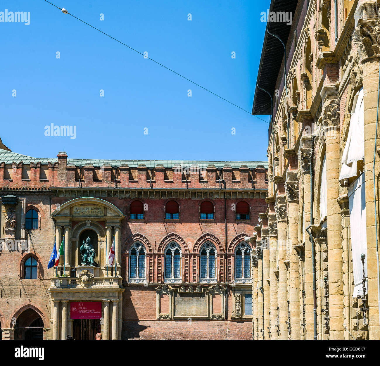 Pope Gregory XIII statue in facade of Palazzo Accursio in Bologna. Emilia-Romagna. Italy. Stock Photo