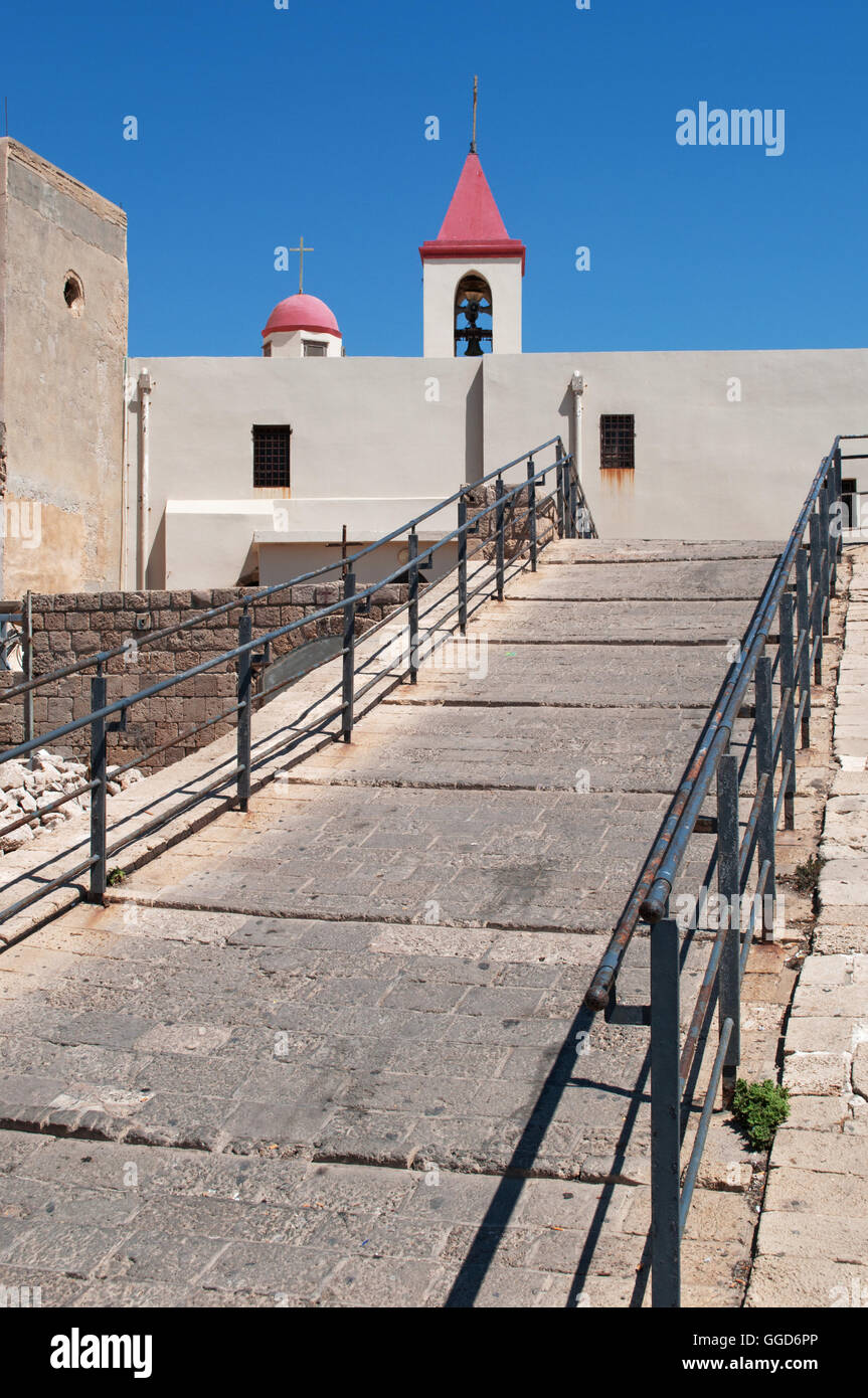 Israel, Acre: the bell tower of the St. John Baptist Church (Saint John's Church), the parish church for the Catholic community of Latin or Roman rite Stock Photo