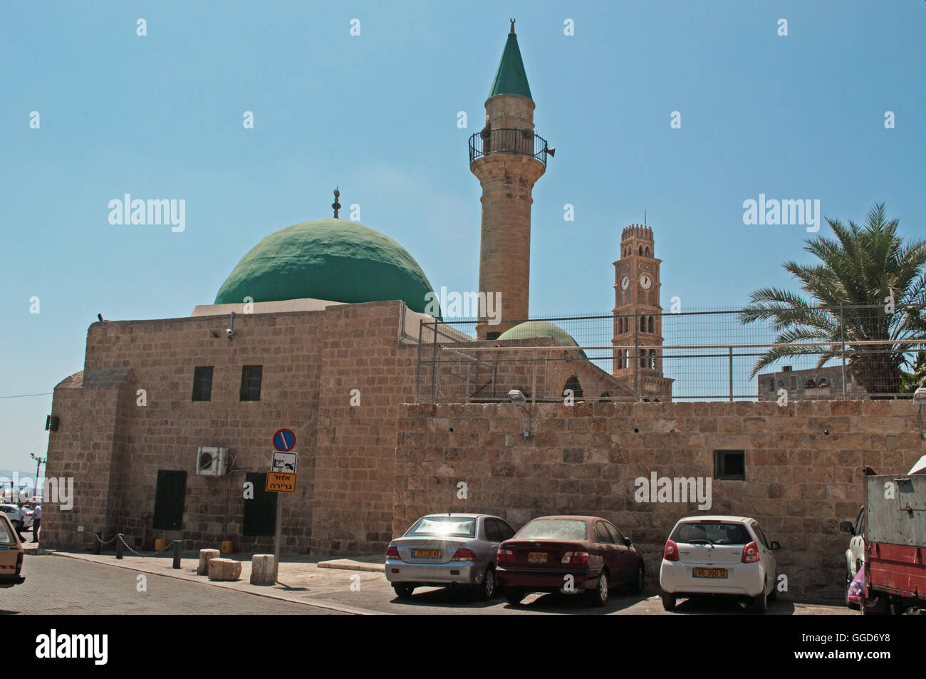 Israel, Middle East: view of the Al-Jazzar Mosque, known as the White Mosque, inside the walls of the old city of Acre, the citadel of the Crusaders Stock Photo