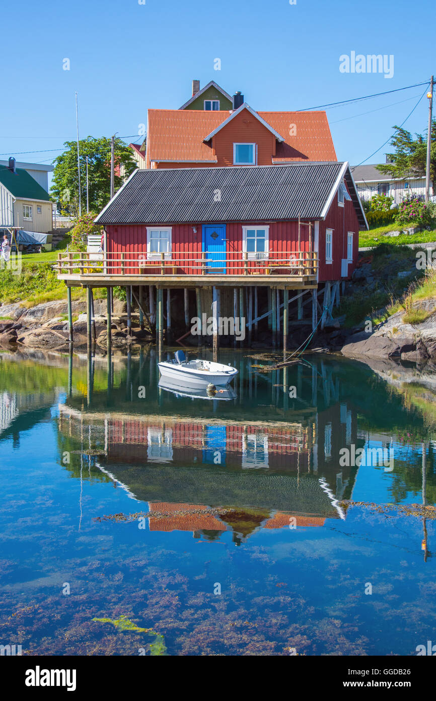 Brightly painted wooden houses in village of Henningsvaer in Lofoten