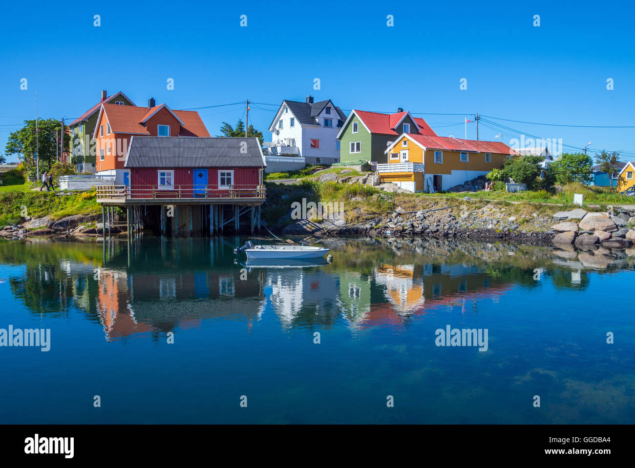Brightly painted wooden houses in village of Henningsvaer in Lofoten
