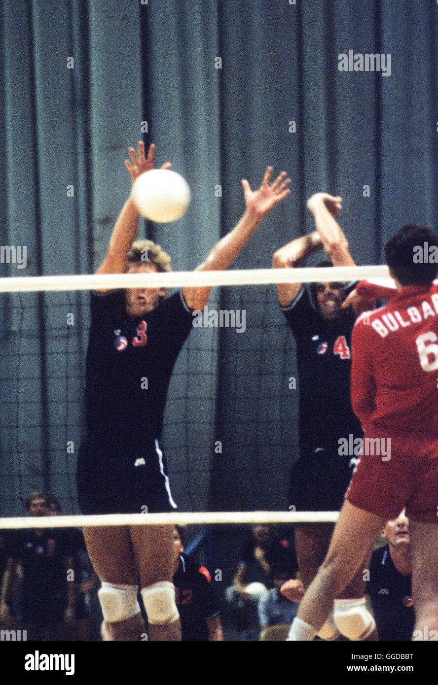 USA #3 Steve Salmons, #4 Paul Sunderland in action during match with Bulgaria at Long Beach Arena, Long Beach, CA Stock Photo