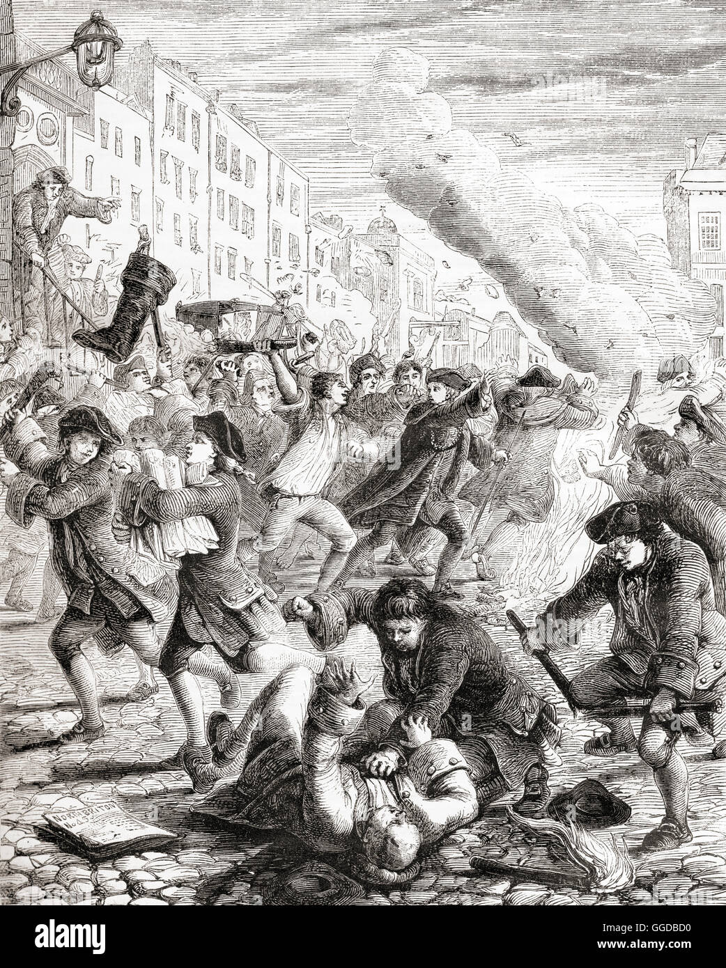 Riots in 1763 to stop the burning of issue No. 45 of The North Briton, a radical newspaper published in the 18th century, which had criticized a speech by King George III which supported the Treaty of Paris. Stock Photo