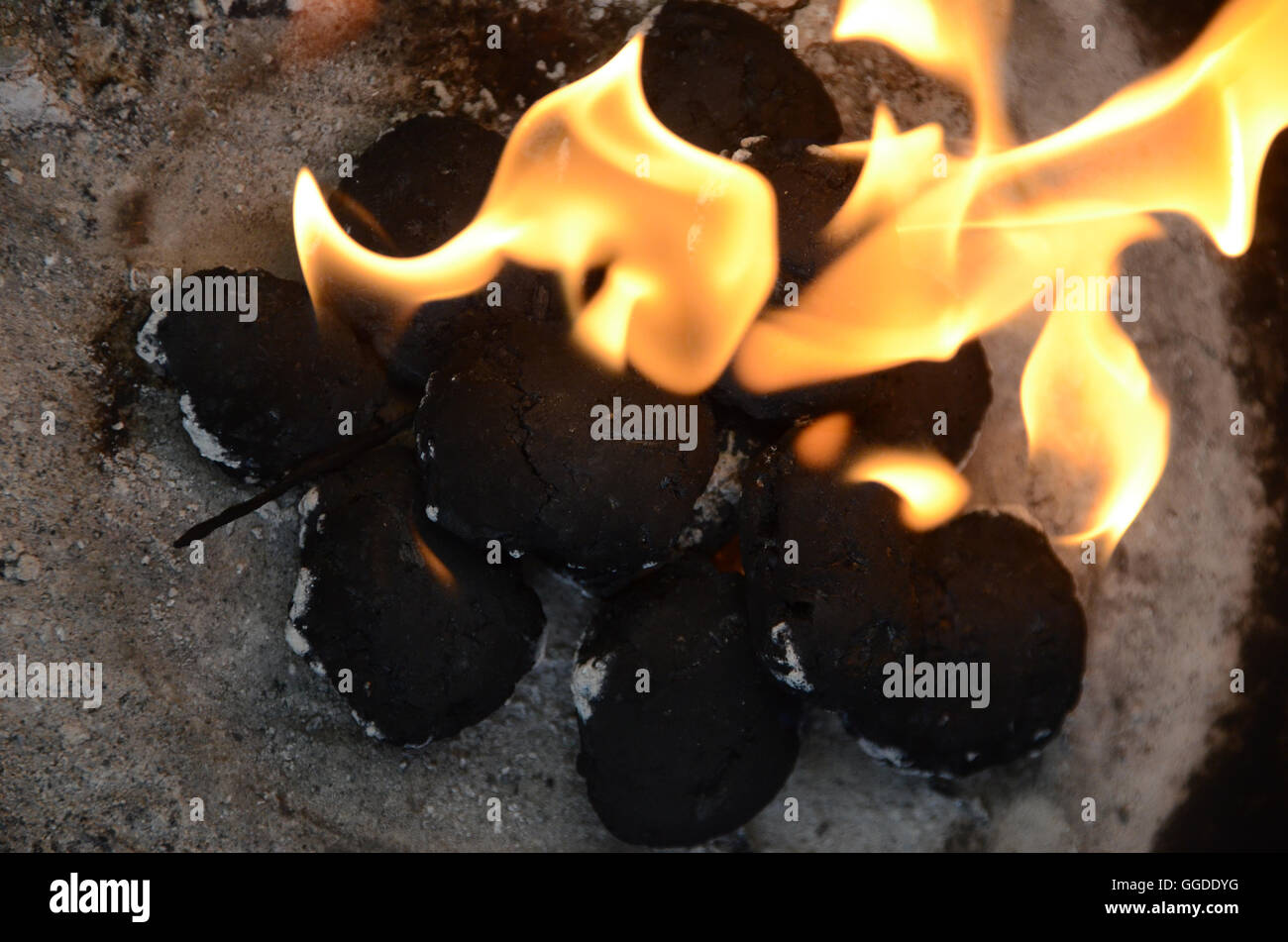 Charcoal on fire on a bbq Stock Photo Alamy