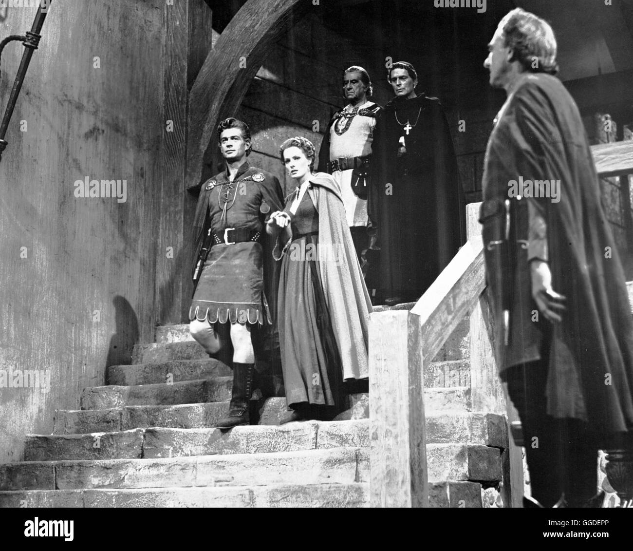 LADY GODIVA / USA 1955 / Arthur Lubin Filmszene aus 'Lady Godiva': GEORGE NADER u. MAUREEN O'HARA Regie: Arthur Lubin Stock Photo