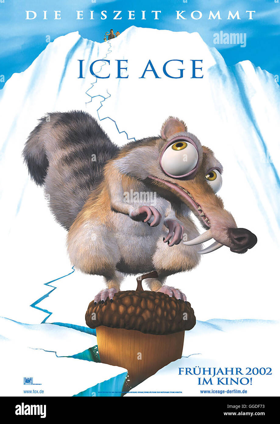 ICE AGE / Ice Age USA 2001 / Chris Wedge Die Eiszeit vor 20 000 Jahren: Mittendrin ein tierisches Quartett, Manny, ein verbiestertes Mammut, Sid, ein ungehobeltes Faultier, Diego, der verschlagene Säbelzahntiger und SCRAT, eine Mischung aus Ratte und Eichhörnchen. Als Scrat eine Eichel vergraben wollte, hat er aus Versehen einen riesigen Gletscher losgelöst und dieser kilometerhohe Eisblock verfolgt ihn nun. Sid stolpert über Manny und Manny schliesst sich ihm und seiner Mission an, denn Sid soll das Menschenkind Roshan zu seiner Familie zurückbringen. Unterwegs treffen sie den Säbelzahntiger Stock Photo