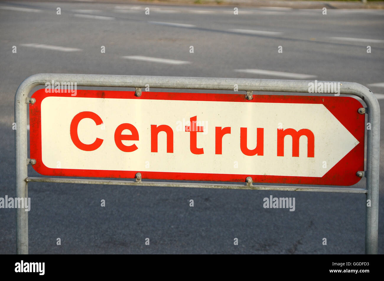 Danish road sign, tells you the way to Centrum. Stock Photo